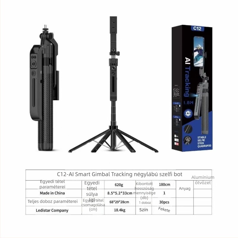 C12 Selfie stick gimbal telefonhoz, 1.8 m négyszögletes állvány követéssel élő közvetítéshez