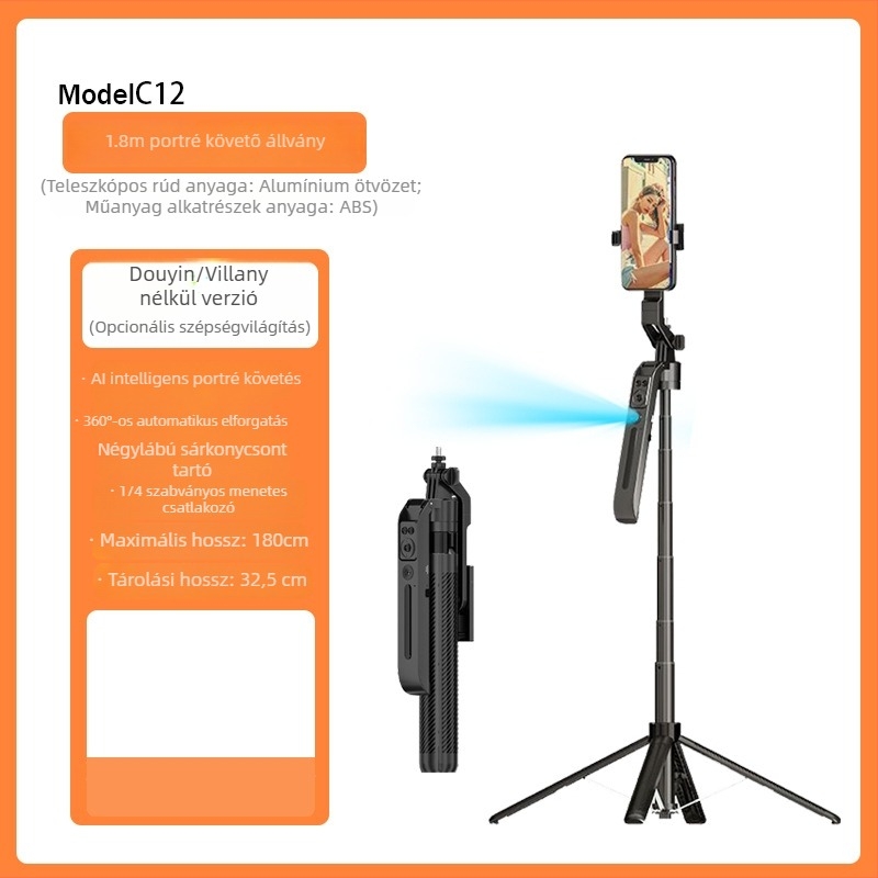 C12 Selfie stick gimbal telefonhoz, 1.8 m négyszögletes állvány követéssel élő közvetítéshez