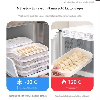 Dumpling és wonton tároló doboz, élelmiszer-minőségű PP anyagból, egymásra tehető, folyadéklevezető funkcióval