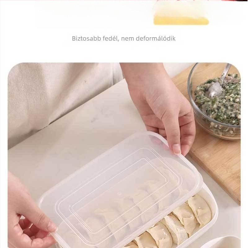 Dumpling és wonton tároló doboz, élelmiszer-minőségű PP anyagból, egymásra tehető, folyadéklevezető funkcióval
