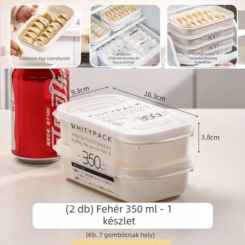 Dumpling és wonton tároló doboz, élelmiszer-minőségű PP anyagból, egymásra tehető, folyadéklevezető funkcióval