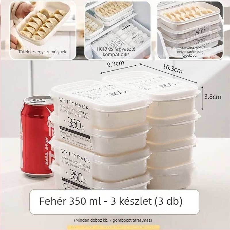 Dumpling és wonton tároló doboz, élelmiszer-minőségű PP anyagból, egymásra tehető, folyadéklevezető funkcióval
