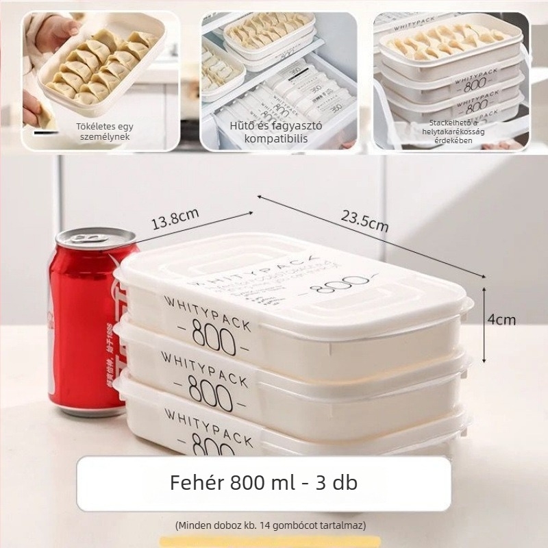 Dumpling és wonton tároló doboz, élelmiszer-minőségű PP anyagból, egymásra tehető, folyadéklevezető funkcióval
