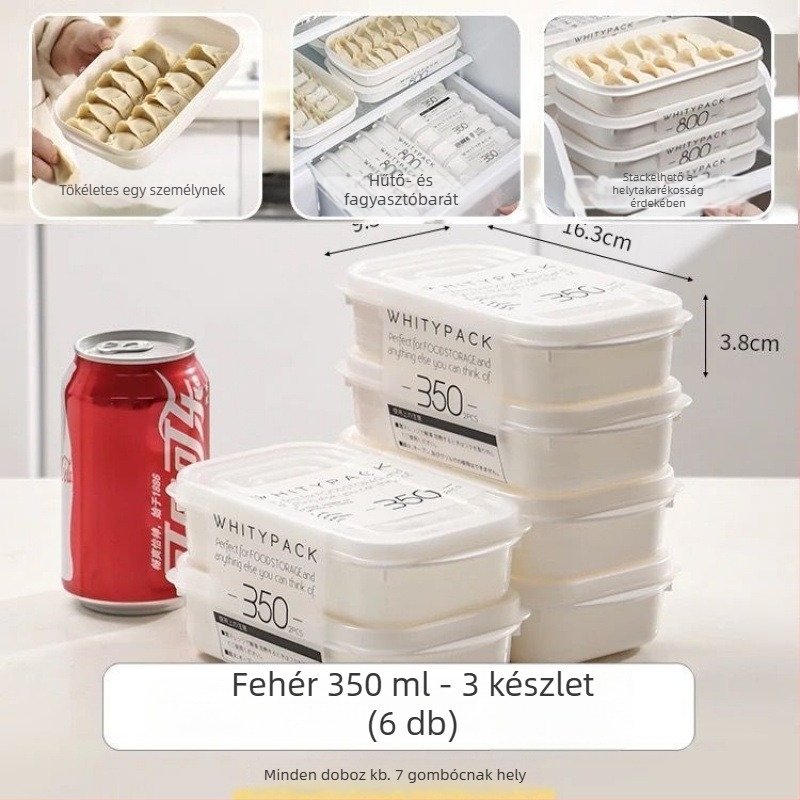 Dumpling és wonton tároló doboz, élelmiszer-minőségű PP anyagból, egymásra tehető, folyadéklevezető funkcióval