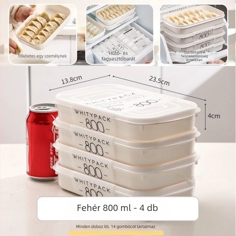 Dumpling és wonton tároló doboz, élelmiszer-minőségű PP anyagból, egymásra tehető, folyadéklevezető funkcióval