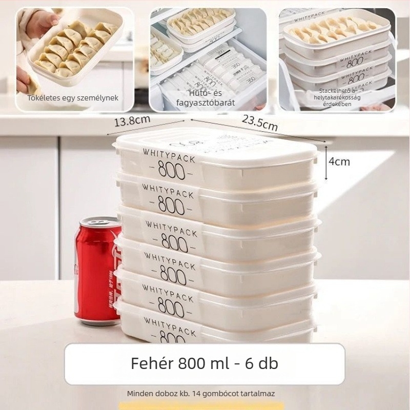 Dumpling és wonton tároló doboz, élelmiszer-minőségű PP anyagból, egymásra tehető, folyadéklevezető funkcióval