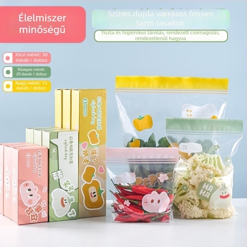 Élelmiszer-minőségű zacskó színes élű és dupla oldalas kialakítású tároláshoz a hűtőben, visszazárható, vastagabb tömítés