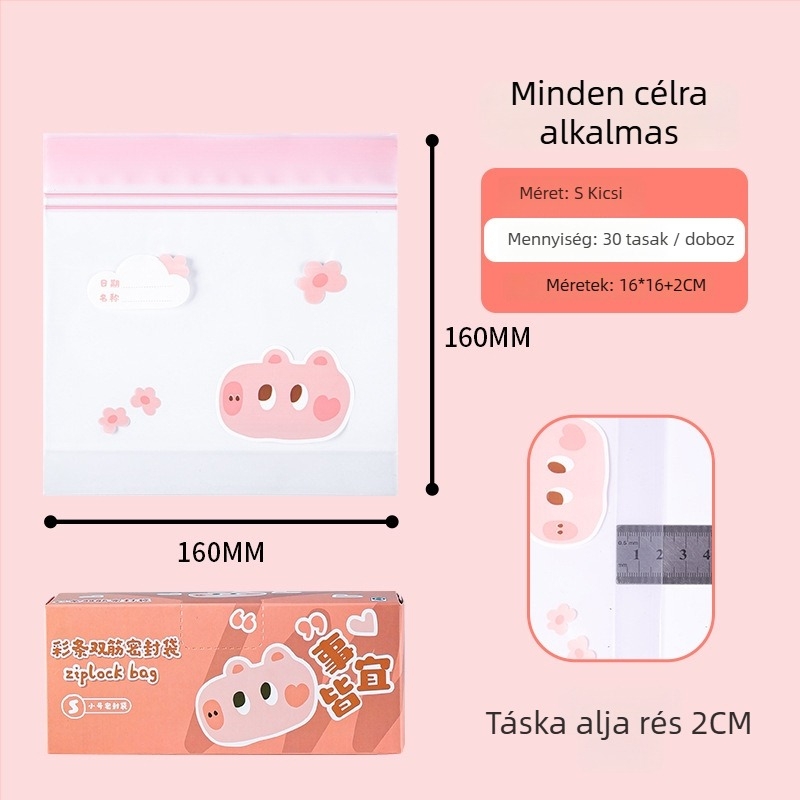 Élelmiszer-minőségű zacskó színes élű és dupla oldalas kialakítású tároláshoz a hűtőben, visszazárható, vastagabb tömítés