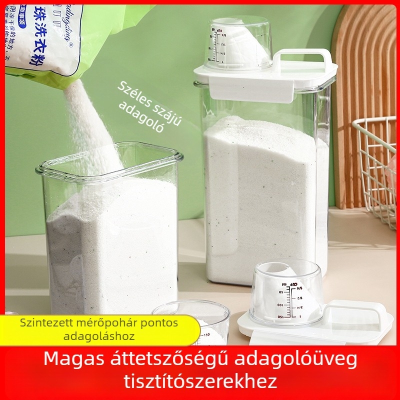 Négyzet alakú műanyag mosópor tároló tartály zárófedéllel és beépített mérőedénnyel, kapacitás 3.1–4 L, vízálló és nedvességálló.