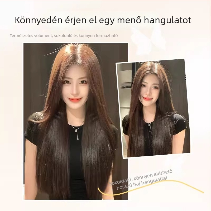Női paróka – hosszú, egyenes haj, tea-barna árnyalatban, realisztikus megjelenésű, láthatatlan, varrat nélküli középső part, mindennapi viseléshez