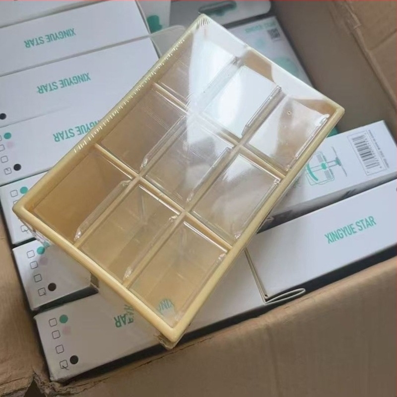 Gyöngy tároló doboz - fiókos asztali típus, átlátszó PET anyag, többszintű rekeszek, fa erezet mintázat, japán stílus