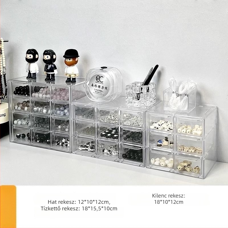 Gyöngy tároló doboz - fiókos asztali típus, átlátszó PET anyag, többszintű rekeszek, fa erezet mintázat, japán stílus