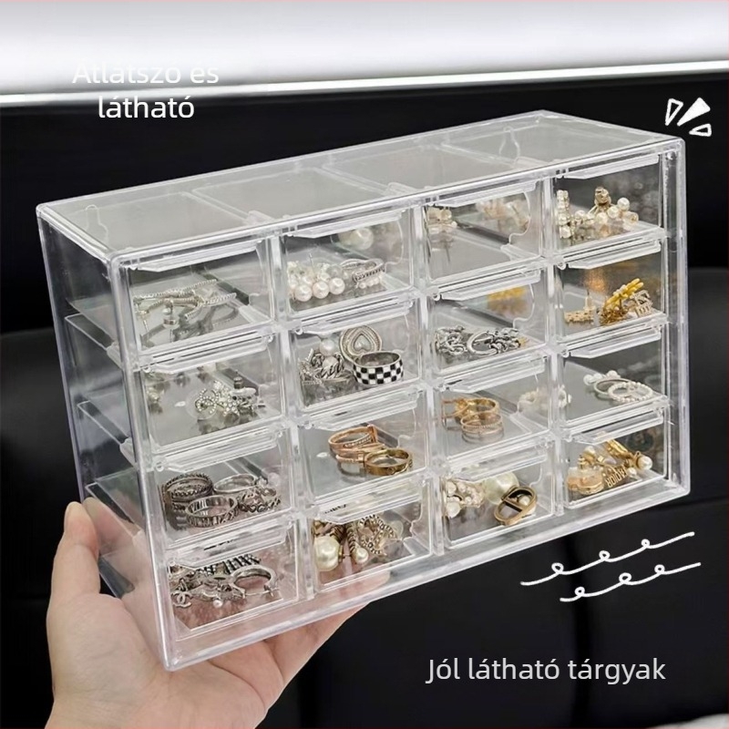 Gyöngy tároló doboz - fiókos asztali típus, átlátszó PET anyag, többszintű rekeszek, fa erezet mintázat, japán stílus