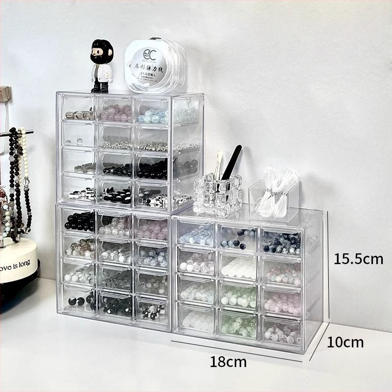 Gyöngy tároló doboz - fiókos asztali típus, átlátszó PET anyag, többszintű rekeszek, fa erezet mintázat, japán stílus