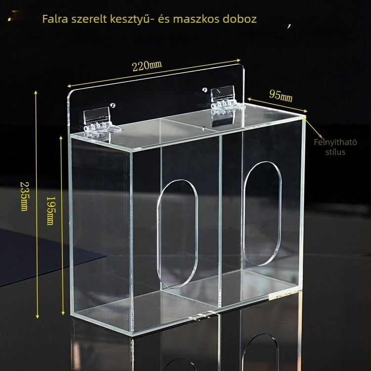 Akril falra szerelhető tároló maszkokhoz és kiegészítőkhöz, osztott rekeszek, porálló, összeszerelés nélküli, 18 L kapacitás