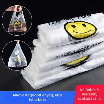Átlátszó egyszer használatos műanyag zacskó mosollyal, takeaway és vásárláshoz, vastagított kivitel, 500 darabos csomag, nem biológiailag lebomló
