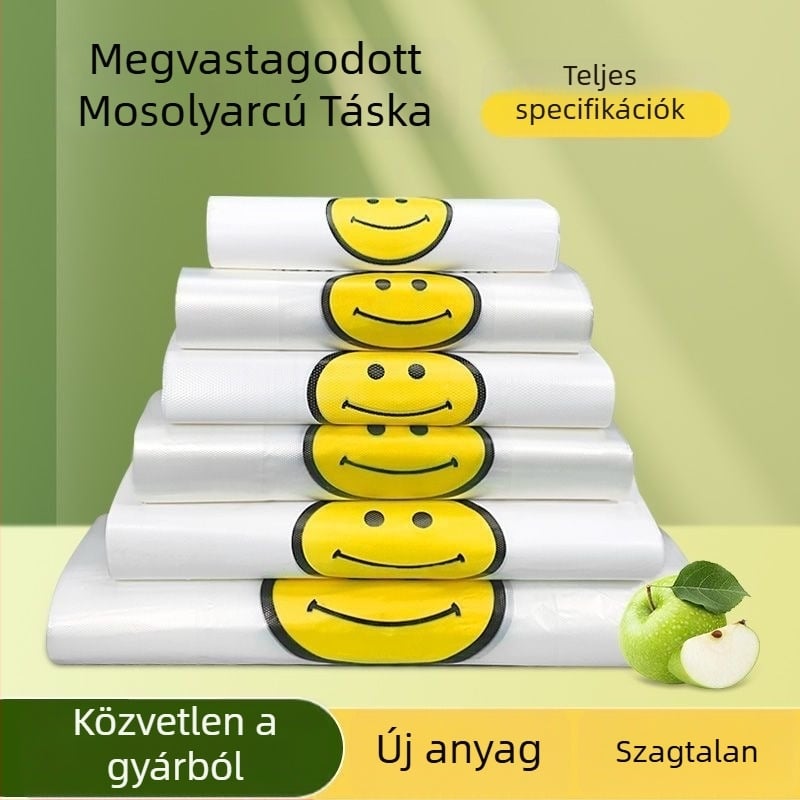 Átlátszó egyszer használatos műanyag zacskó mosollyal, takeaway és vásárláshoz, vastagított kivitel, 500 darabos csomag, nem biológiailag lebomló