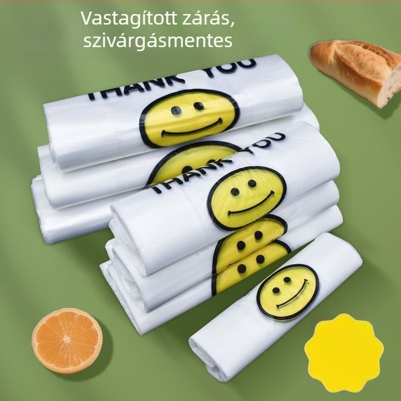 Átlátszó egyszer használatos műanyag zacskó mosollyal, takeaway és vásárláshoz, vastagított kivitel, 500 darabos csomag, nem biológiailag lebomló