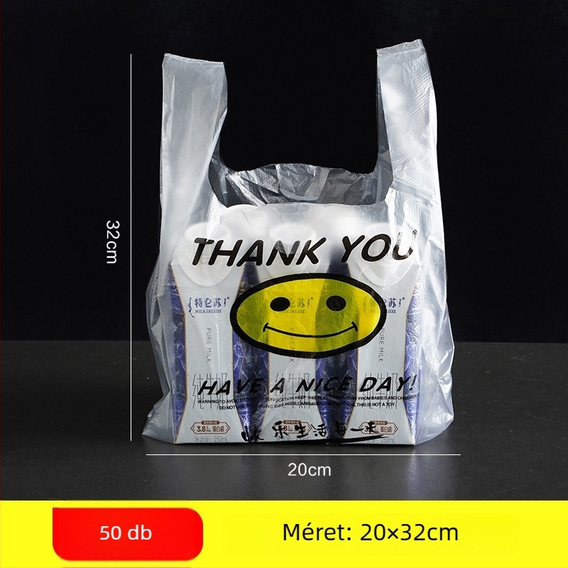 Átlátszó egyszer használatos műanyag zacskó mosollyal, takeaway és vásárláshoz, vastagított kivitel, 500 darabos csomag, nem biológiailag lebomló