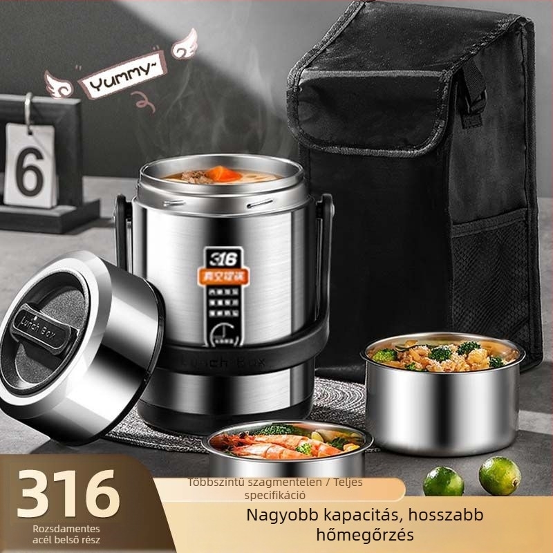 304 rozsdamentes acél ebédes doboz, hengeres, mikrohullámú sütőben használható, egy rétegű