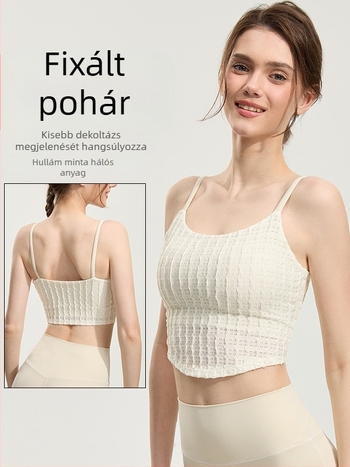 Nedvességelvezető nylon anyagú sportmelltartó; bélés 80% nylon, 20% spandex; háló 96% poliészter, 6% spandex; ideális futáshoz, edzéshez és jóga.
