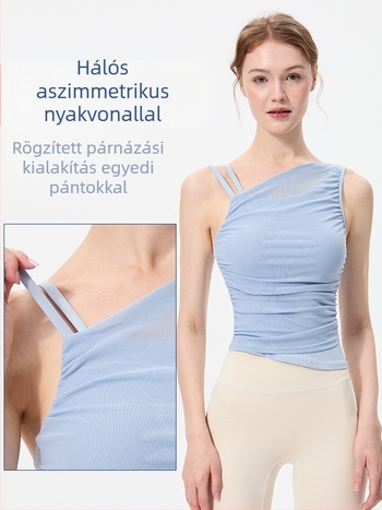 Sportmellény szabálytalan fix kosárkával, ferde vállak, hálós panellel, gyorsan száradó nylon/spandex keverék, lélegző, anti-sagging, minden évszakban