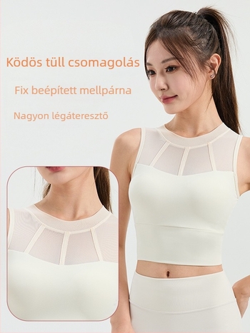 Női sportmellény hálós panellel, beépített támasztással futáshoz és jógához, egyrészes dizájn, 80% nylon, 20% spandex, alkalmas nyárra, tavaszra és őszre