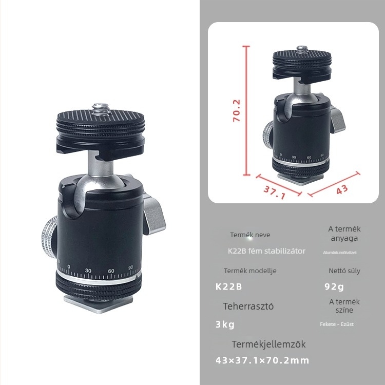 Hordozható, multifunkcionális telefon-tartó élő közvetítéshez világítással és 360° panorámás gömbfejjel; csavaros rögzítés; környezetbarát anyagok; vízszintes forgás 360°; vízszintes sebesség 360°; tömeg 0,92 kg