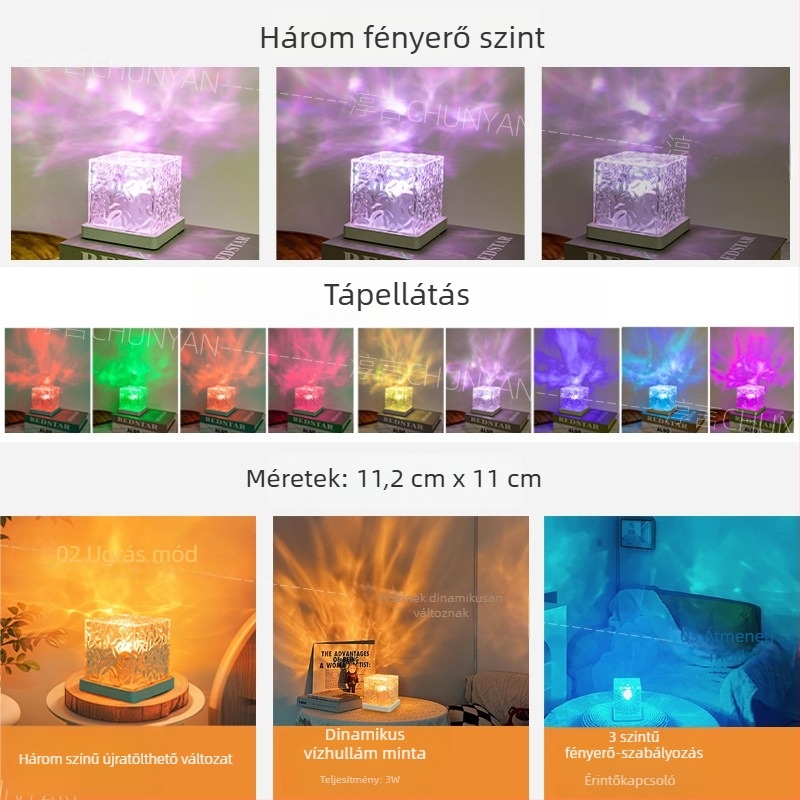 Éjszakai fény vízihullámokkal és forgó északi fény projektióval – beépített akkumulátor, érintéses kapcsoló, akril árnyékoló