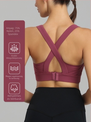 Formázott 3/4-es kosárú sportmelltartó, rögzített dupla vállpántok, hátul három sor kapocs, fő anyag nylon keverék, bélés spandex