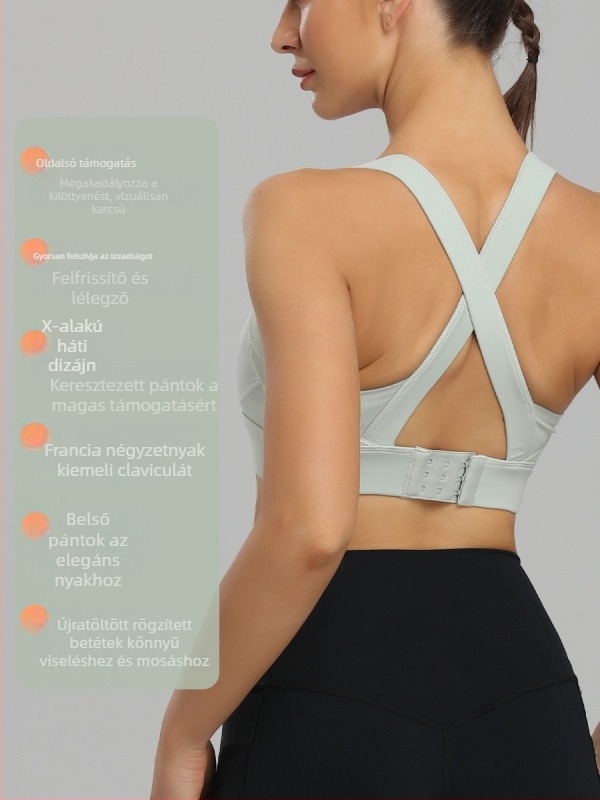 Formázott 3/4-es kosárú sportmelltartó, rögzített dupla vállpántok, hátul három sor kapocs, fő anyag nylon keverék, bélés spandex