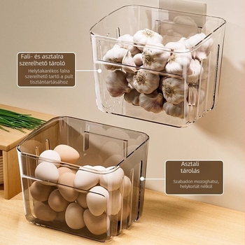 Konyhai falra szerelt tároló kosár póréhagyma, gyömbér és fokhagyma számára nordic stílusban; műanyag, nyomtatott logóval