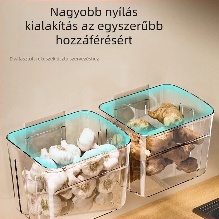 Konyhai falra szerelt tároló kosár póréhagyma, gyömbér és fokhagyma számára nordic stílusban; műanyag, nyomtatott logóval