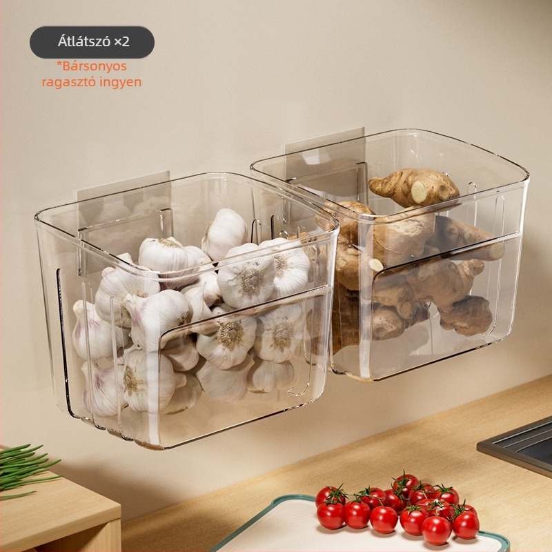 Konyhai falra szerelt tároló kosár póréhagyma, gyömbér és fokhagyma számára nordic stílusban; műanyag, nyomtatott logóval