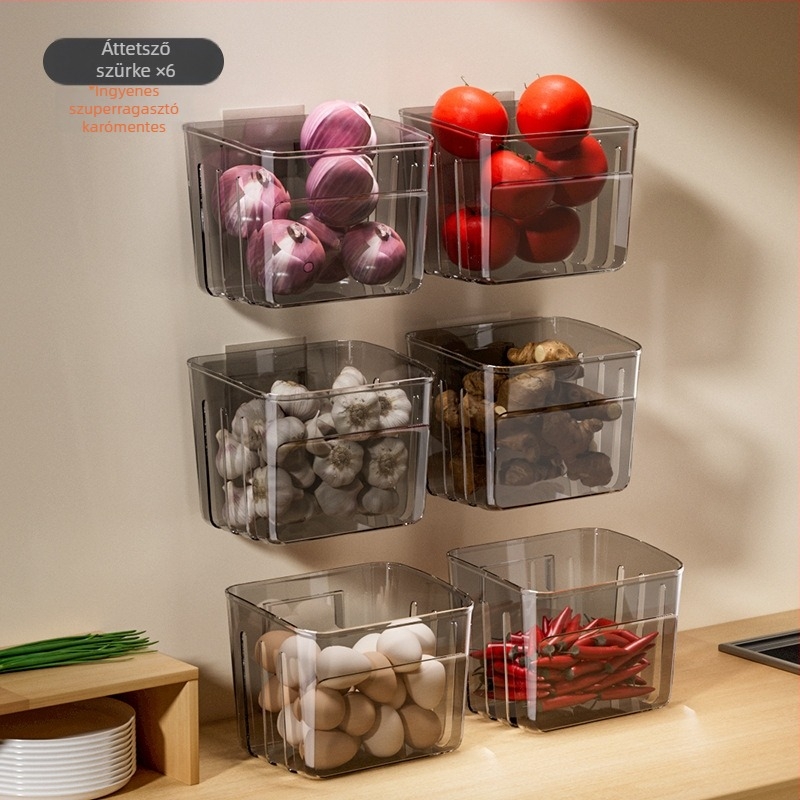 Konyhai falra szerelt tároló kosár póréhagyma, gyömbér és fokhagyma számára nordic stílusban; műanyag, nyomtatott logóval