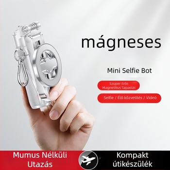 Mini mágneses selfie bot háromlábas állvánnyal — ötvözet test, mágneses rögzítés, Bluetooth, távirányító, beépített világítás