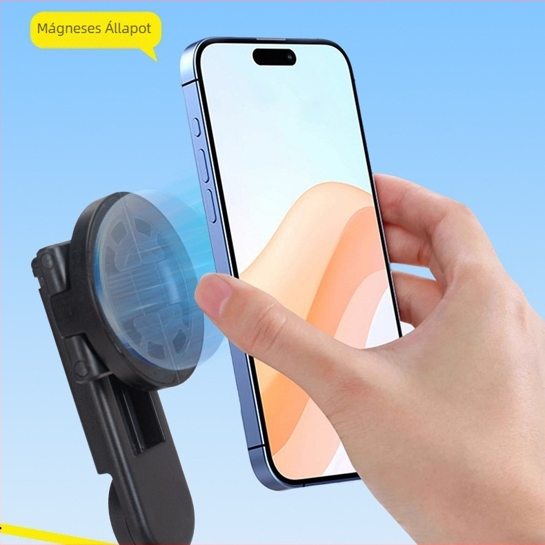 Mini mágneses selfie bot háromlábas állvánnyal — ötvözet test, mágneses rögzítés, Bluetooth, távirányító, beépített világítás