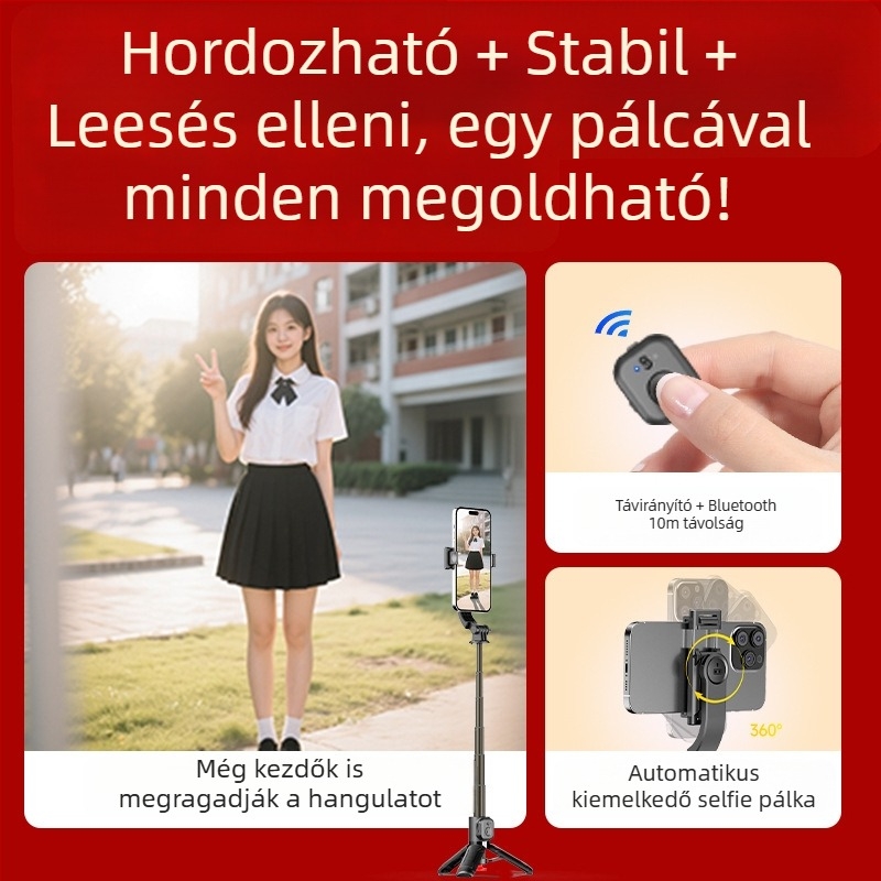 Selfie-stick tripod Bluetooth távirányítóval és LED világítással, alumíniumötvözet, modell TT21