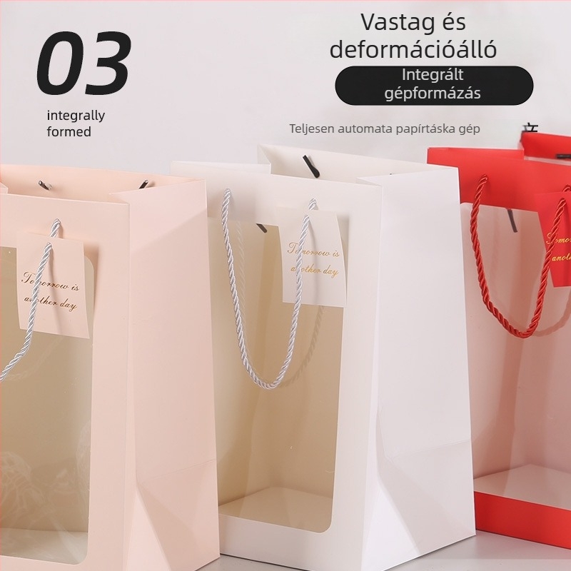 Ablakos ajándéktáska fehér kartonból — nyomtatott, testreszabható jubileumokra