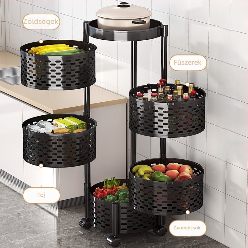 Forgó, szabadon álló 6-szintes tároló állvány nassolnivalók és zöldségek számára, mozgatható, modern minimalista dizájn