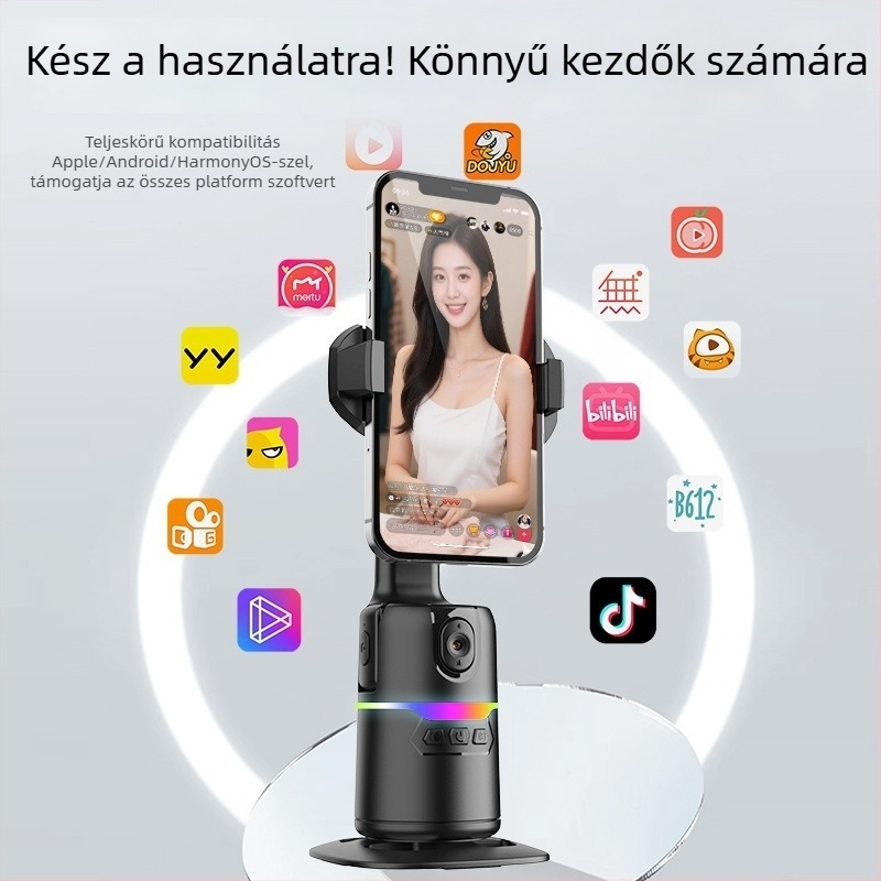 Okostelefonhoz készült AI-alapú emberkövető gimball, 360° panorámás felvétel, távirányító, Bluetooth, beépített fény