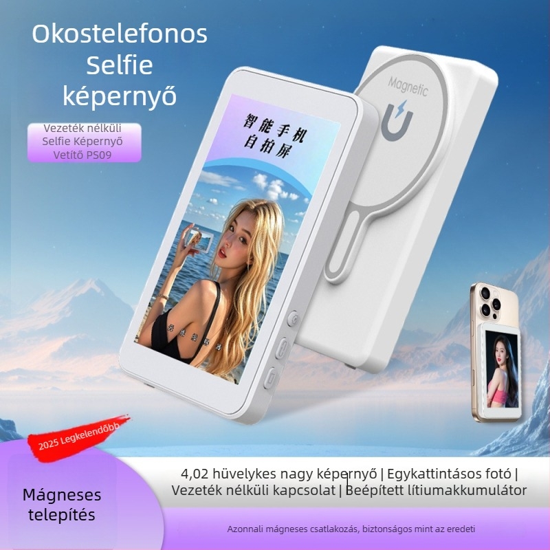 Mágneses hátsó képernyő-projektor mobiltelefonhoz – Selfie kijelző, ABS, Bluetooth, távirányítóval, testreszabható, kompatibil Android, iPhone 16 és Huawei