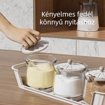 Üvegből készült fűszertartó készlet fedőkkel és talppal — nedvességálló, modern minimalista stílus