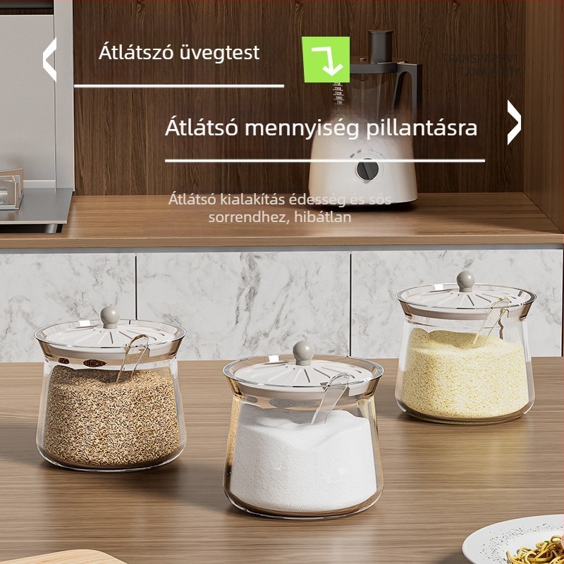 Üvegből készült fűszertartó készlet fedőkkel és talppal — nedvességálló, modern minimalista stílus