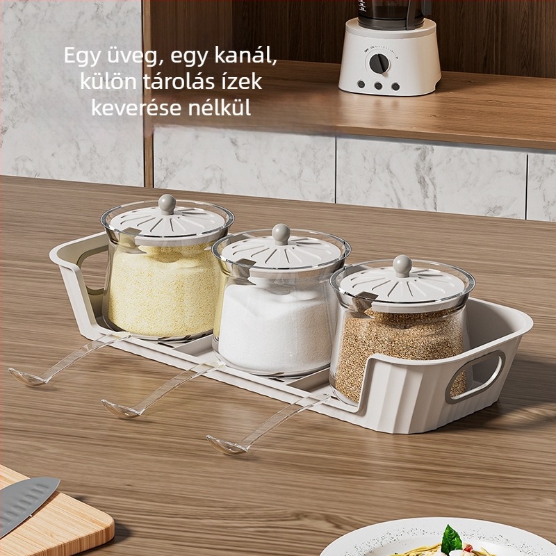 Üvegből készült fűszertartó készlet fedőkkel és talppal — nedvességálló, modern minimalista stílus