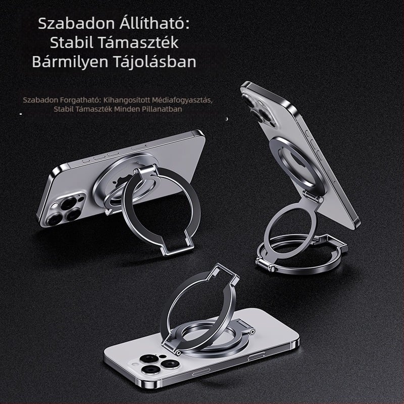 Alumíniumötvözetű mágneses telefontartó MagSafe, kétoldalas, forgatható asztali állvánnyal és összecsukható gyűrűvel