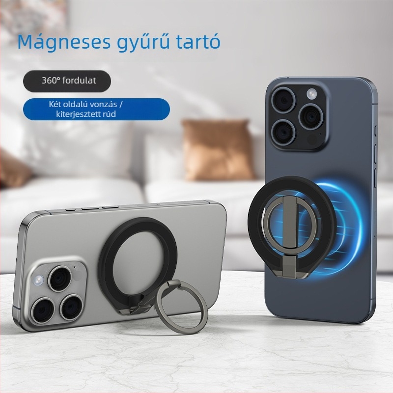 Mágneses telefontartó dupla oldalú mágnessel, 360°-ban forgatható, fém kivitel, kompatibilis Apple és Android eszközökhöz
