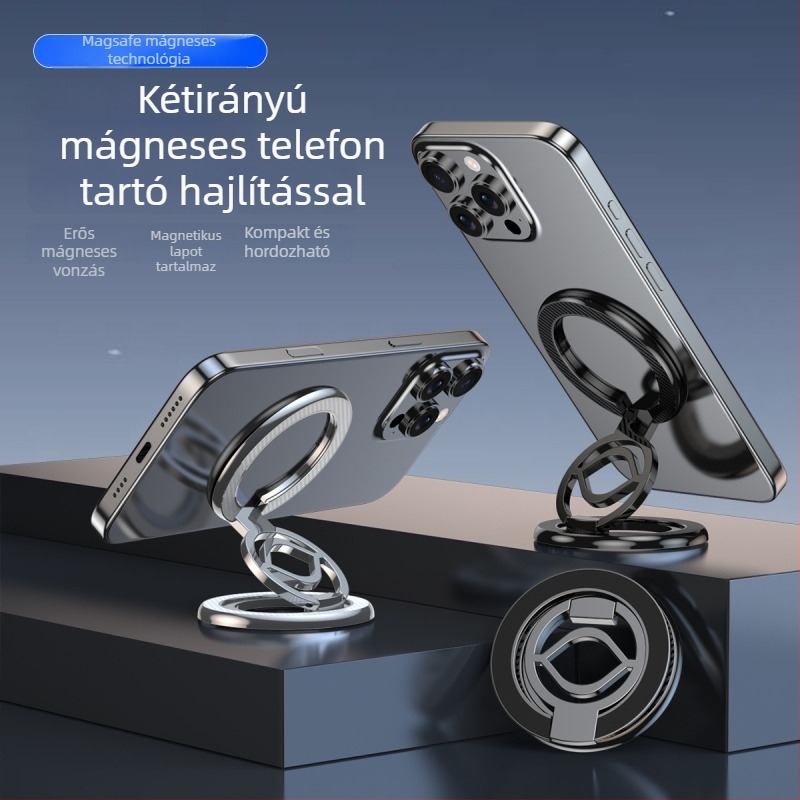 MagSafe kétoldalú mágneses tartó-állvány, fém kivitel, karbon rost textúra, 360°-os forgás, két-tengelyes összecsukható, könnyen hordozható