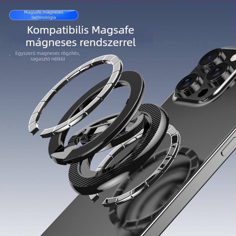 MagSafe kétoldalú mágneses tartó-állvány, fém kivitel, karbon rost textúra, 360°-os forgás, két-tengelyes összecsukható, könnyen hordozható