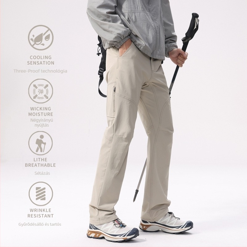 Férfi softshell túranadrág, egyenes szabású (90% nylon, 10% spandex; cipzáras zárás; több zseb; őszi 2025)